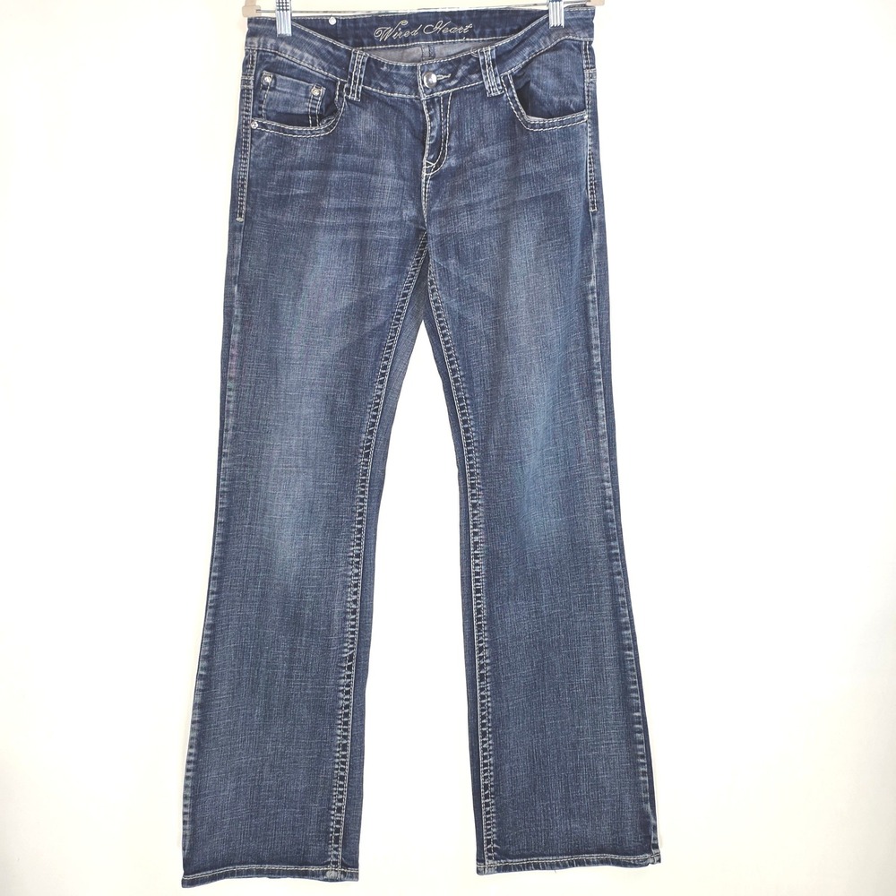 Wired Heart Womens Bootcut Jeans Size 32 Dark Wash‎ Embroidered Fleur De Lis Y2K